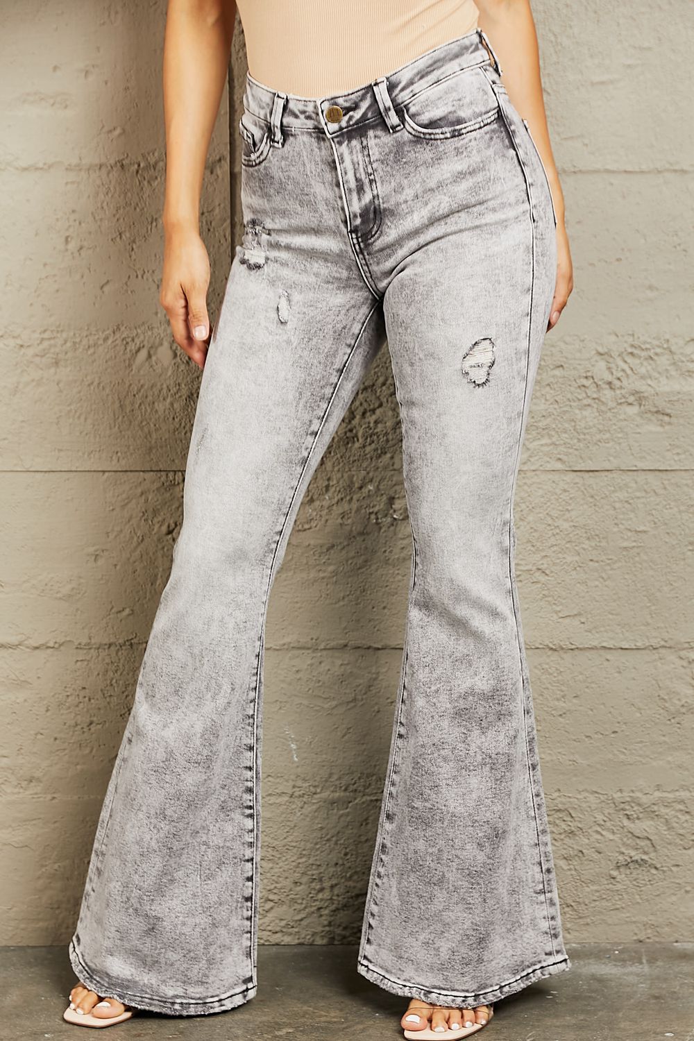 BAYEAS High Waisted Acid Wash Flare Jeans