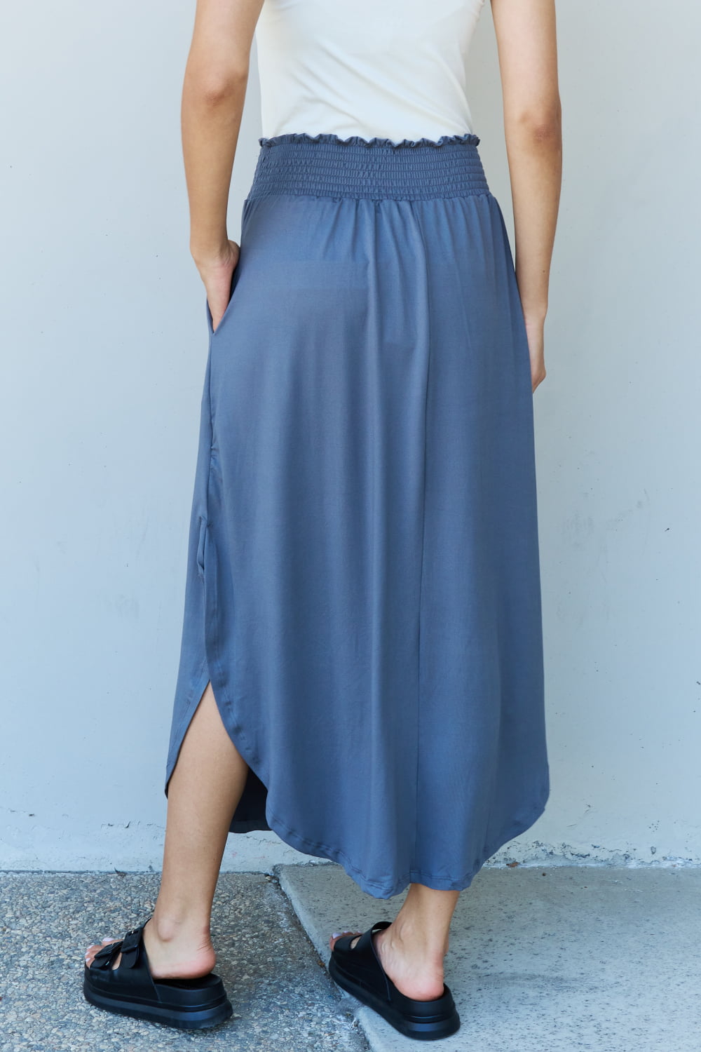 Doublju Comfort Princess High Waist Scoop Hem Maxi Skirt in Dusty Blue