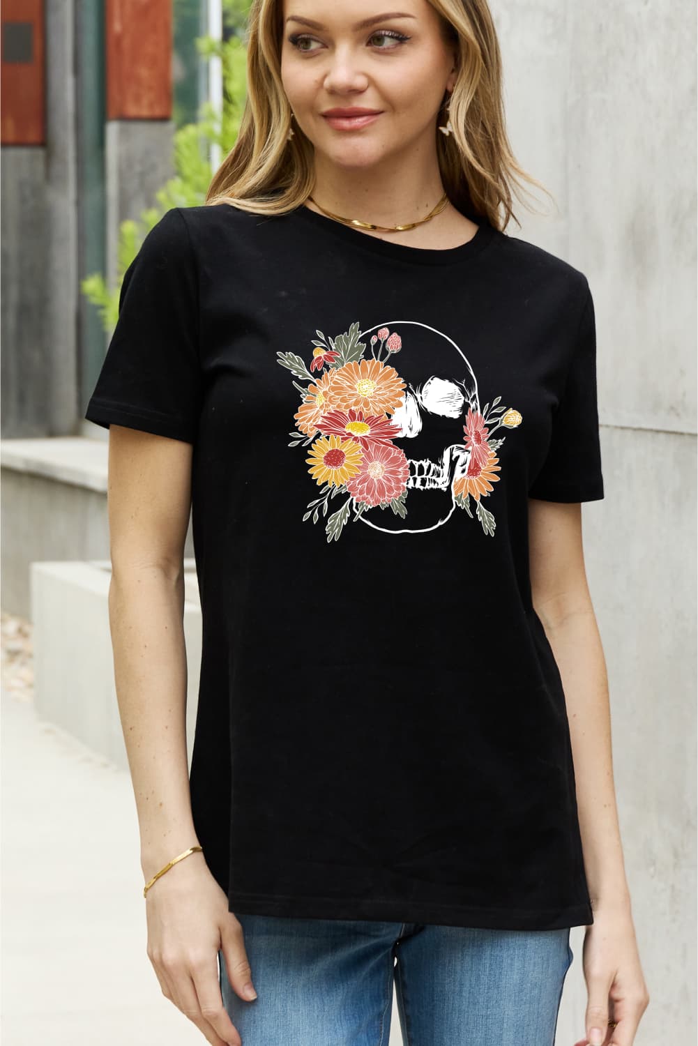 Simply Love Full Size Flower Skull Graphic Cotton Tee