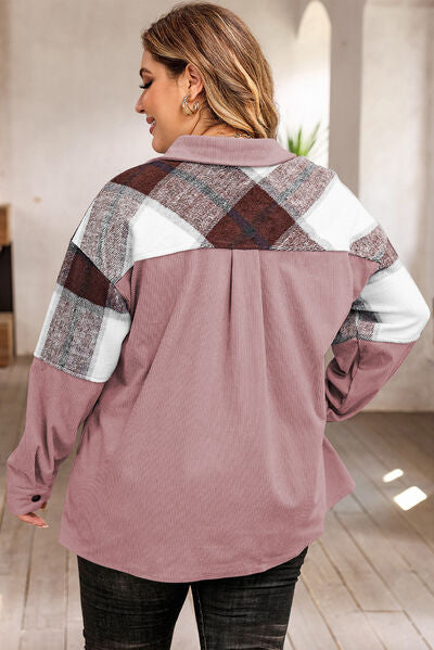 Plus Size Plaid Snap Down Jacket with Pockets