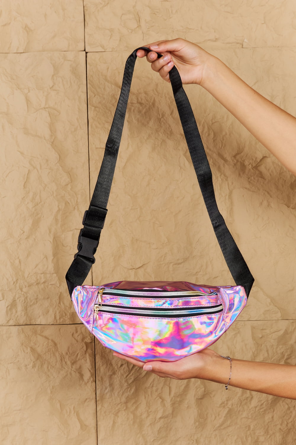 Fame Good Vibrations Holographic Double Zipper Fanny Pack in Hot Pink