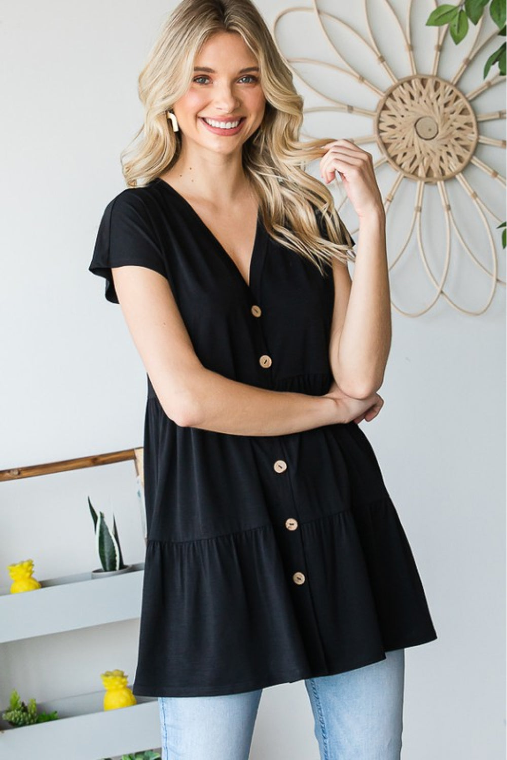 Heimish Buttoned V-Neck Tiered Top