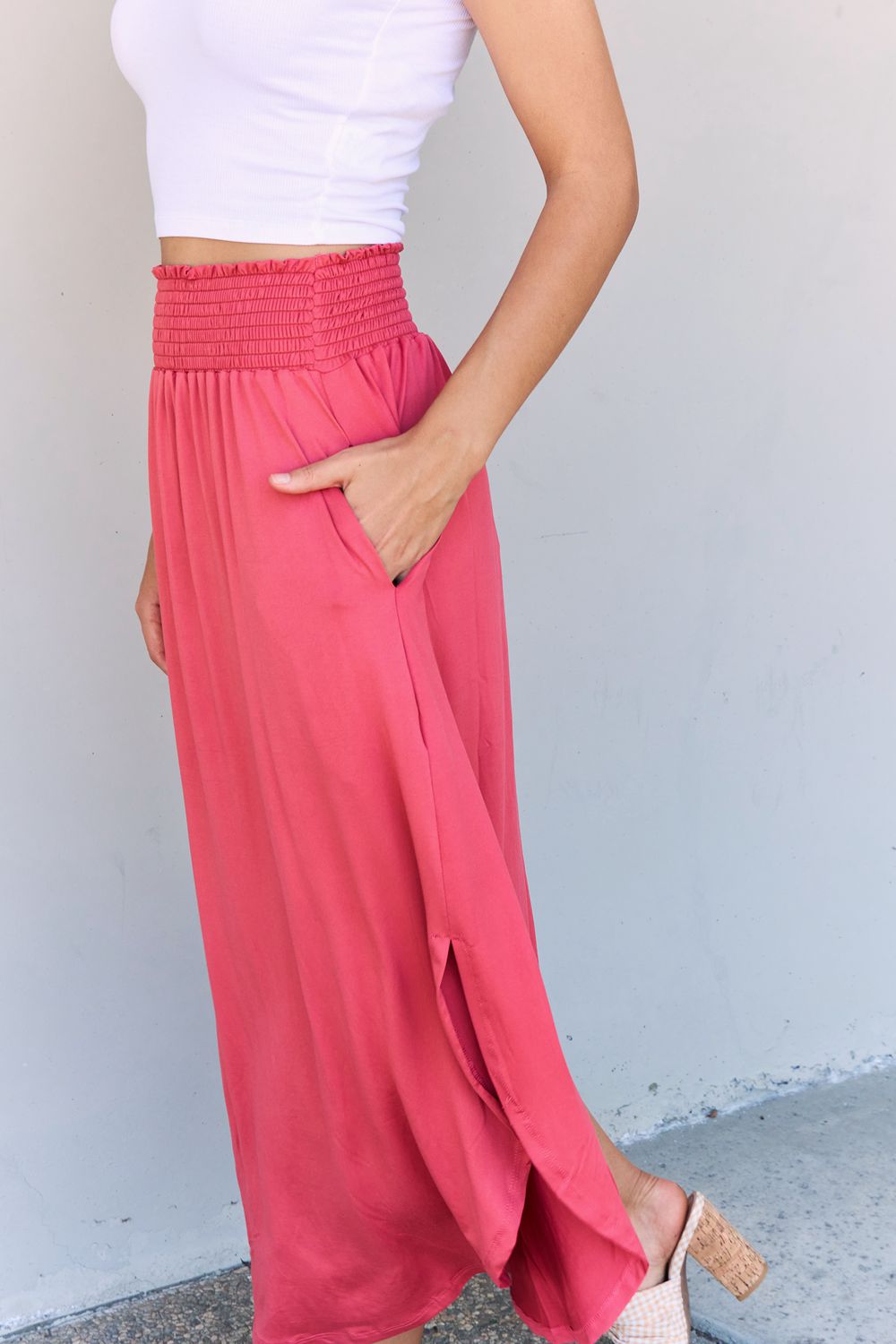 Doublju Comfort Princess High Waist Scoop Hem Maxi Skirt in Hot Pink