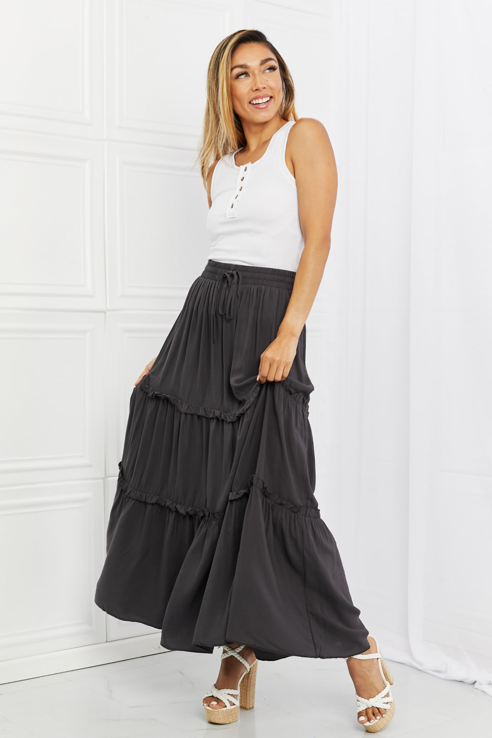 Zenana Summer Days Ruffled Maxi Skirt in Ash Grey
