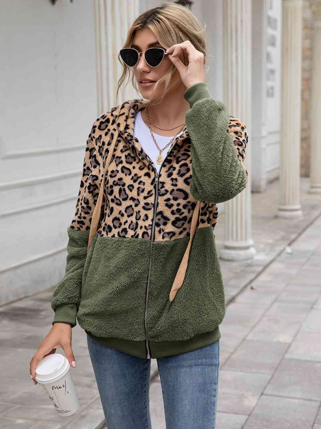Leopard Drawstring Hooded Long Sleeve Outerwear